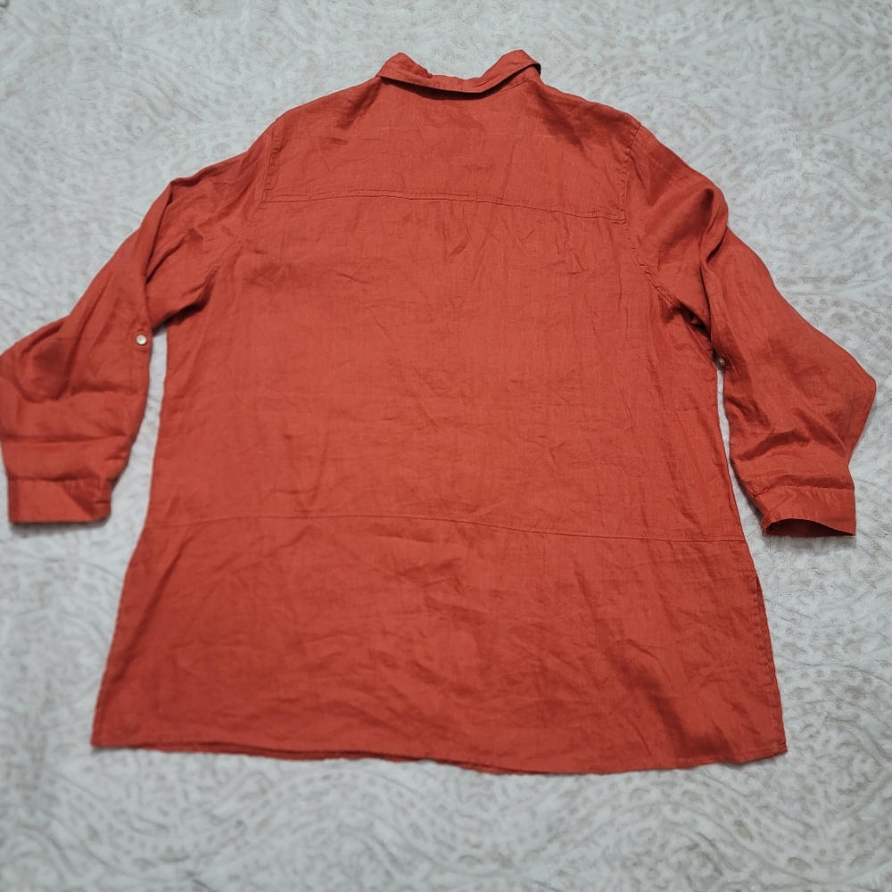 Tahari  Roll-Tab Sleeve Button Down Tunic Top Women’s Size 3X 100%Linen Orange - Picture 2 of 16